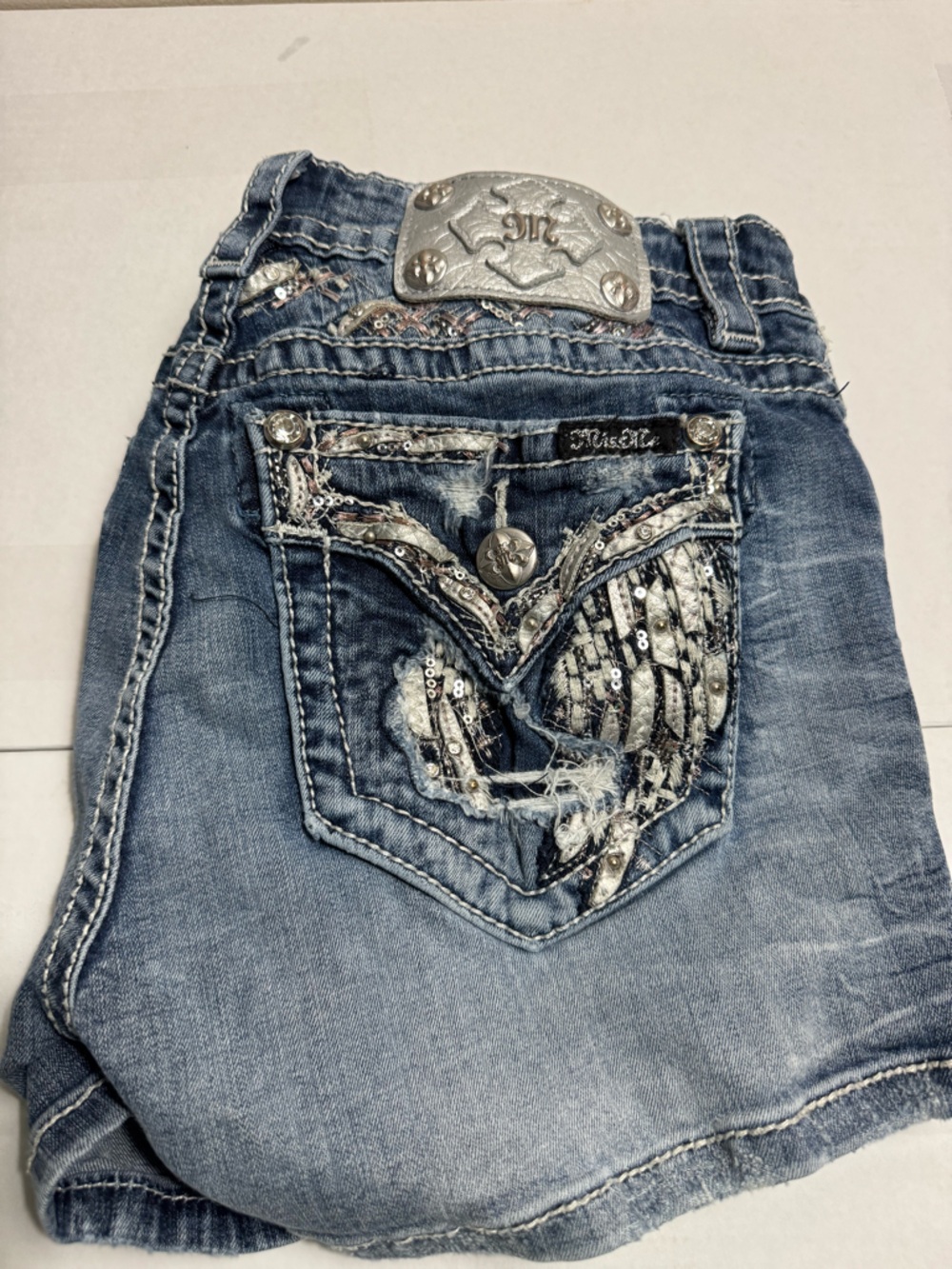Miss Me Blue Boot Cut Jean Shorts with Embellished Back Pocket